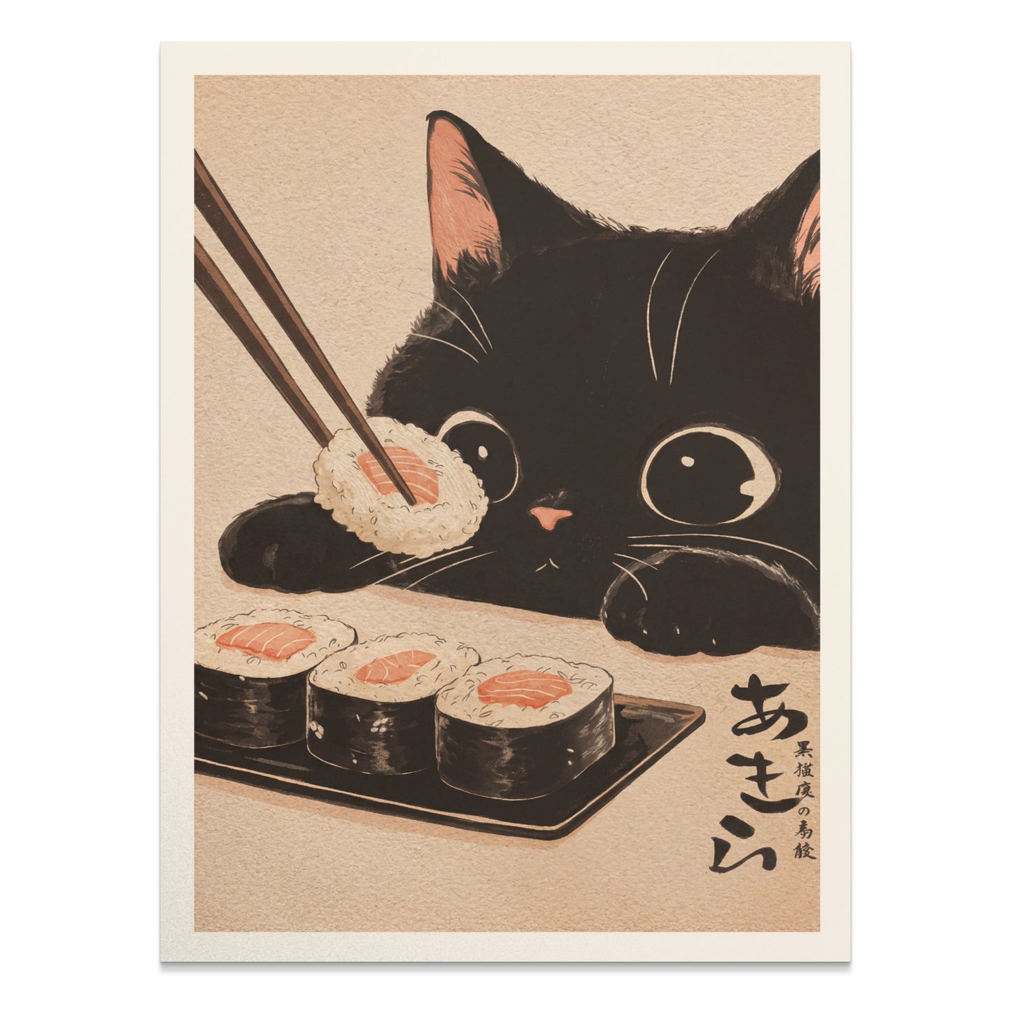 Black cat holding sushi with chopsticks over a plate of sushi.
