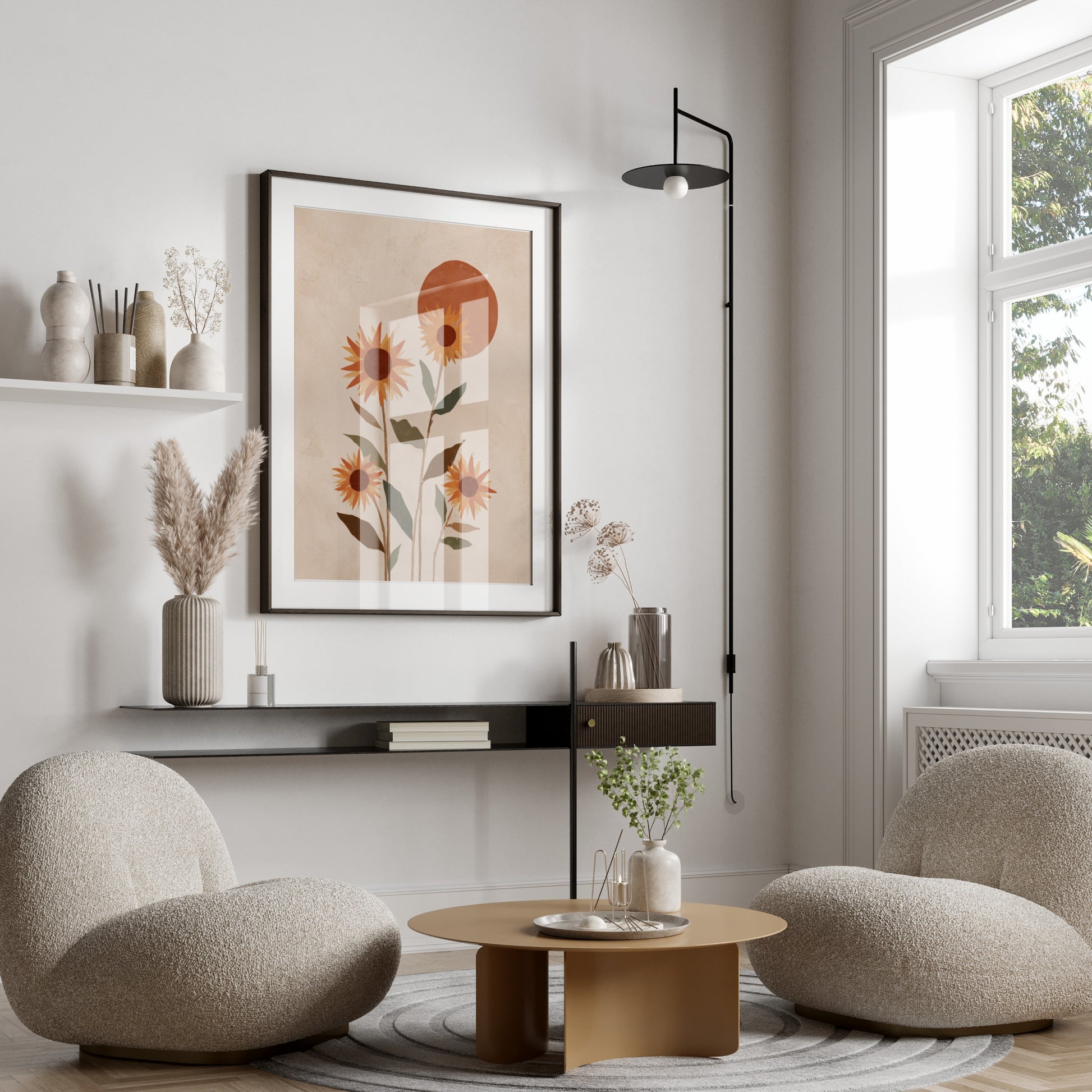 Two round armchairs flank a round coffee table with abstract floral art above.