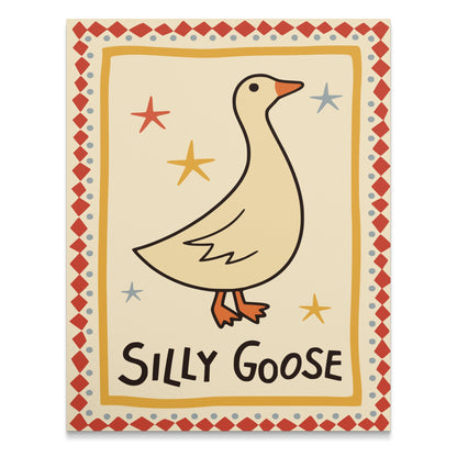 Cream-colored goose illustration with "Silly Goose" text and decorative border.