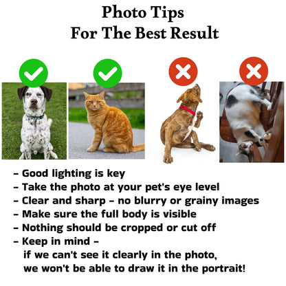 Photo tips for pet portraits: good lighting, eye-level, clear, full body visible.