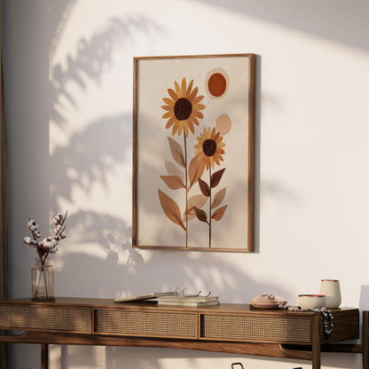 Abstract sunflowers in earthy tones framed on a wall above a console table.