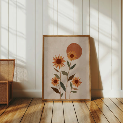 Abstract sunflower art print with minimalist sun, framed in light wood.