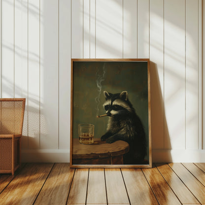 Painting of a raccoon sitting at a table smoking a cigar and drinking whiskey.