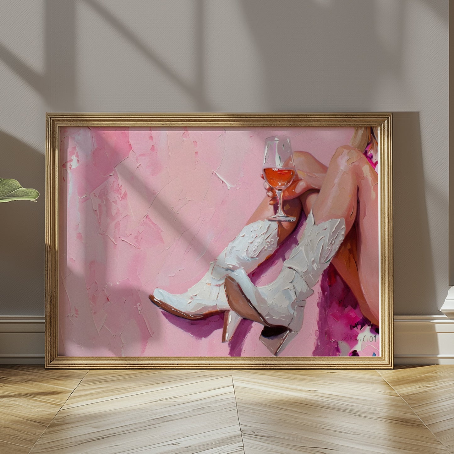 Premium Poster of Abstract Art White Cowboy Boots and Wine Posters