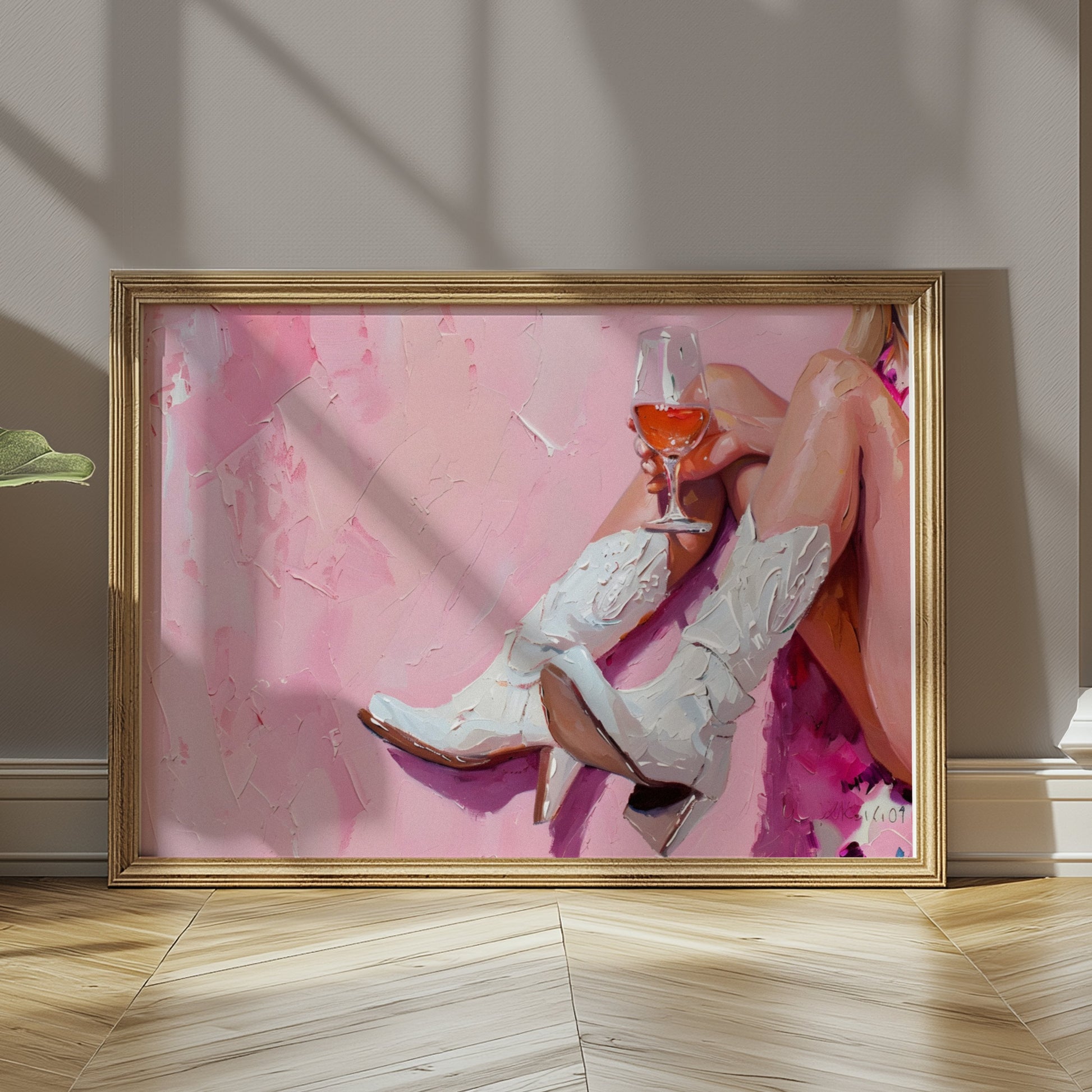 Premium Poster of Abstract Art White Cowboy Boots and Wine Posters