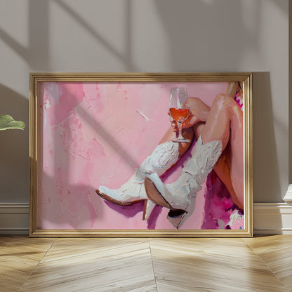 Premium Poster of Abstract Art White Cowboy Boots and Wine Posters