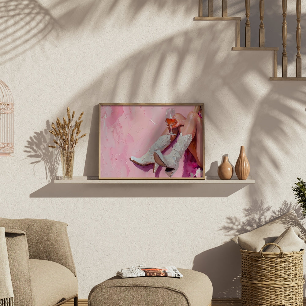 Premium Poster of Abstract Art White Cowboy Boots and Wine Posters