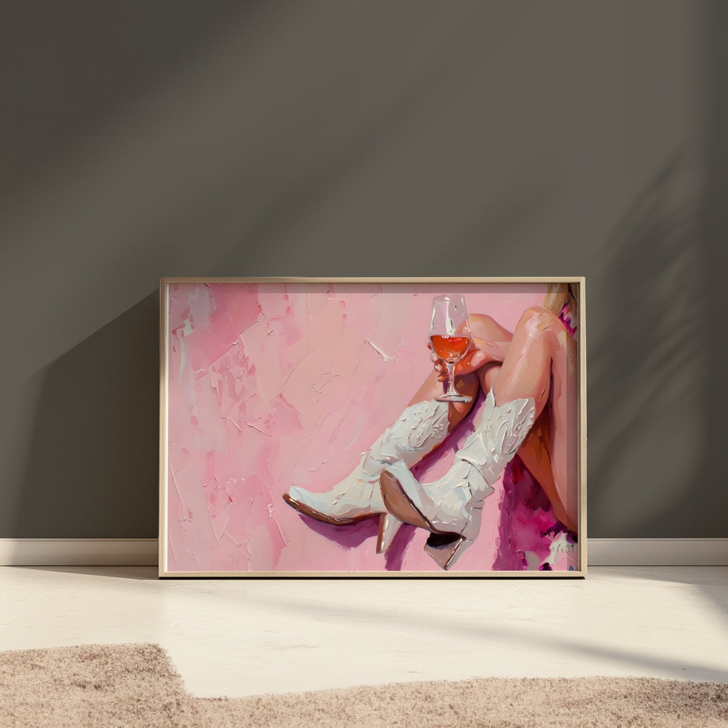 Premium Poster of Abstract Art White Cowboy Boots and Wine Posters
