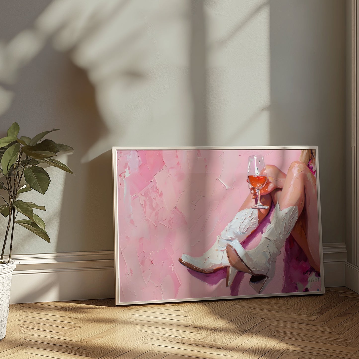Premium Poster of Abstract Art White Cowboy Boots and Wine Posters