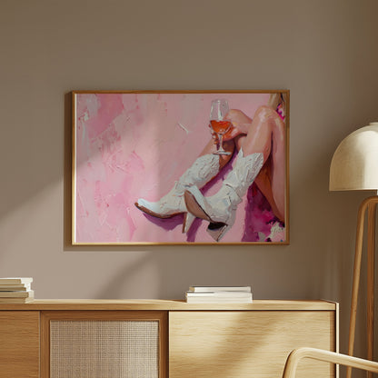 Premium Poster of Abstract Art White Cowboy Boots and Wine Posters