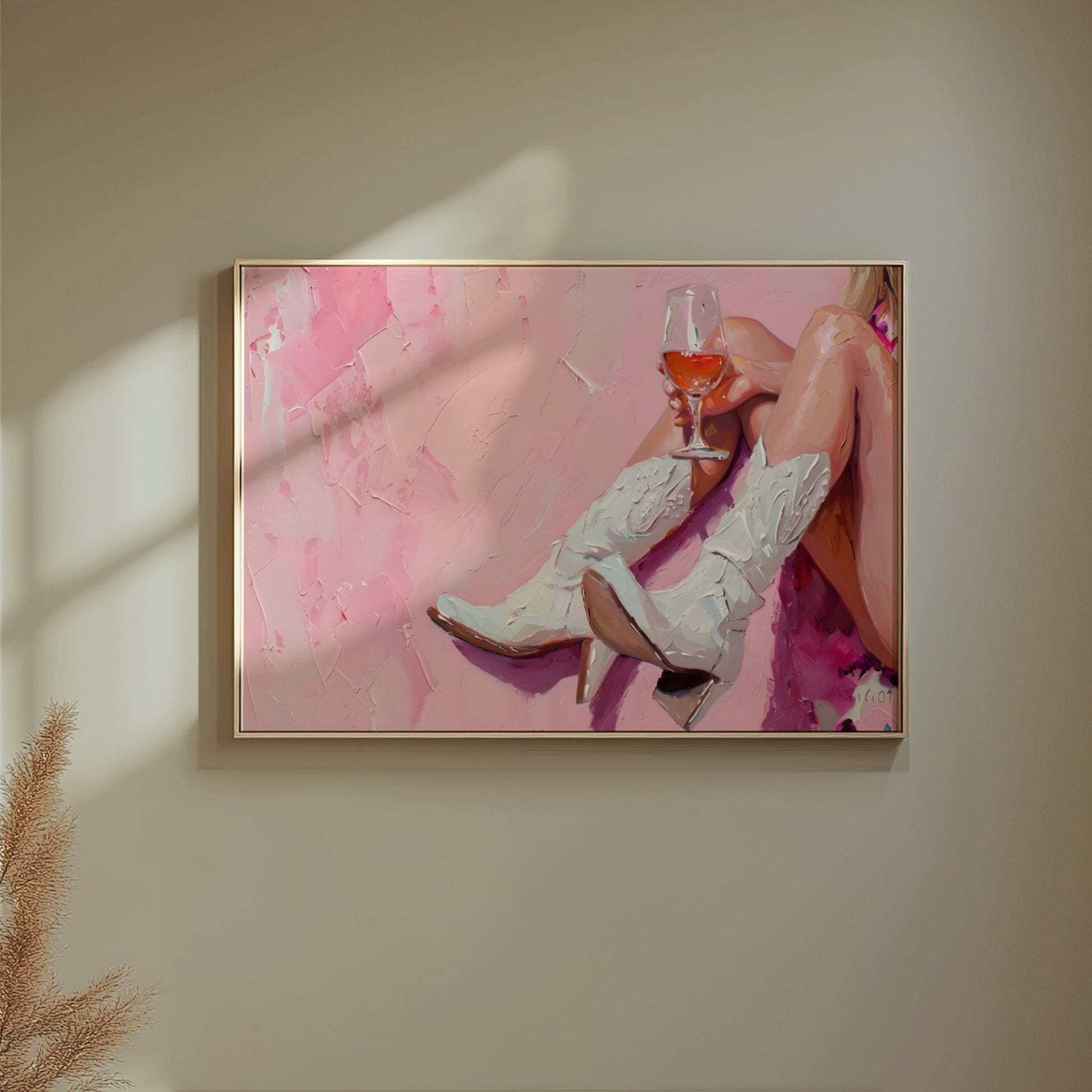 Premium Poster of Abstract Art White Cowboy Boots and Wine Posters