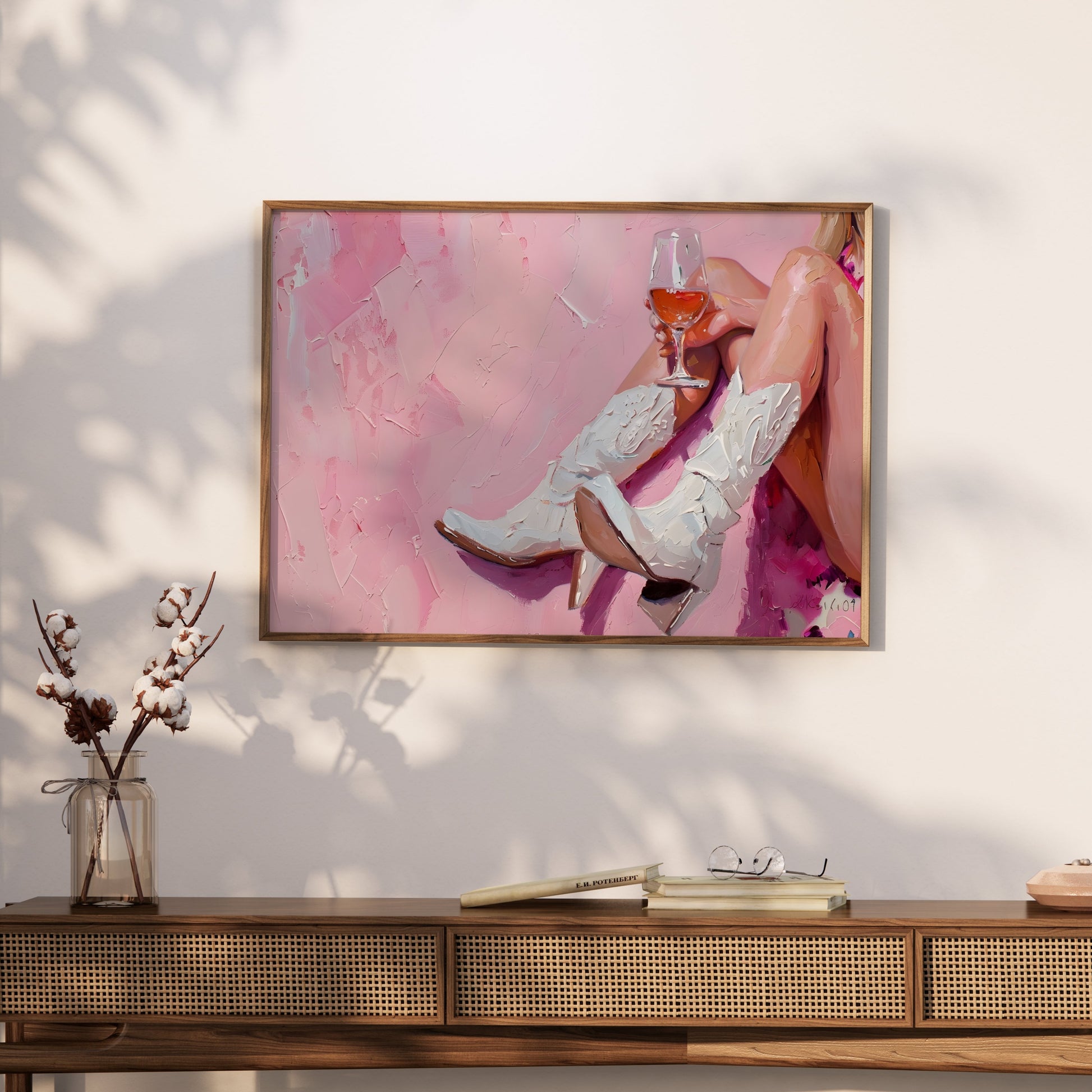 Premium Poster of Abstract Art White Cowboy Boots and Wine Posters