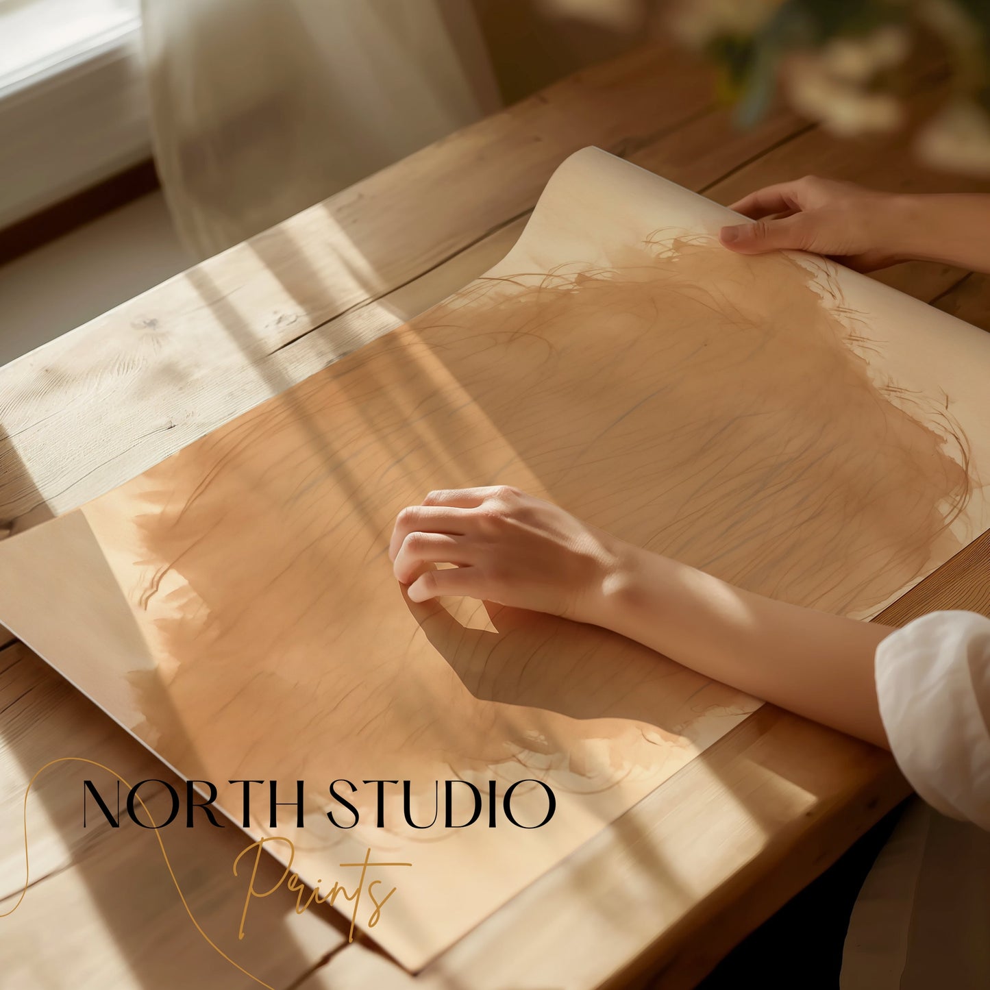 Premium Poster of Abstract Beige Art with Wispy Lines Aesthetic Posters