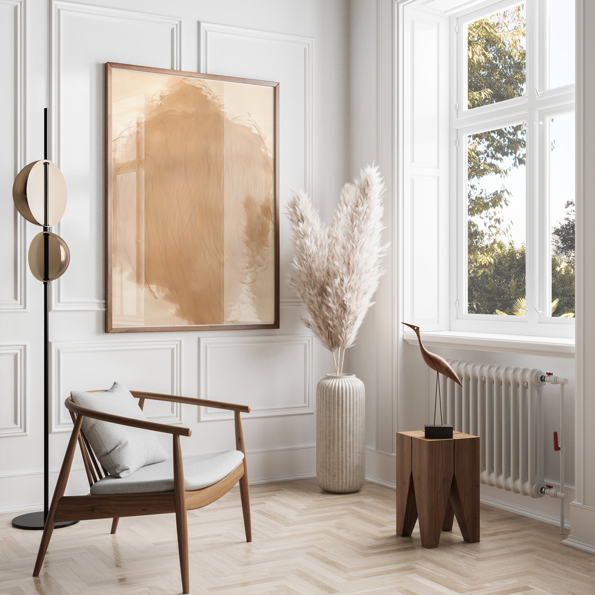 Premium Poster of Abstract Beige Art with Wispy Lines Aesthetic Posters