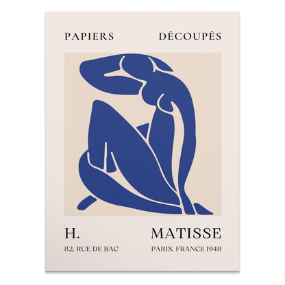 Abstract Blue Figure Henri Matisse art poster featuring a minimalist blue figure on a beige background with text details, perfect for wall decor.