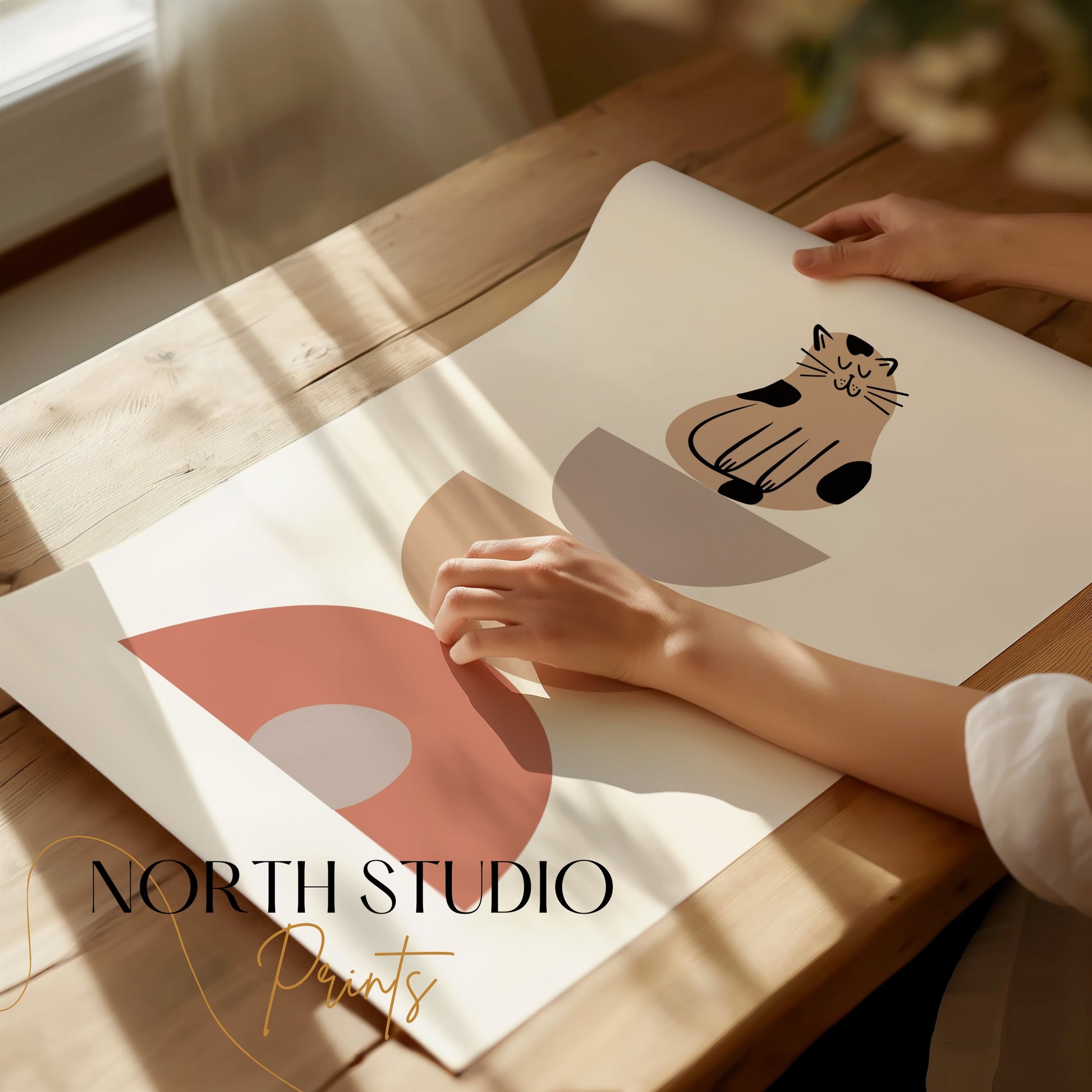 Premium Poster of Abstract Cat Balancing Geometric Shapes Art Posters