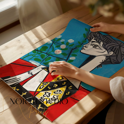 Premium Poster of Abstract Cubist Woman Portrait with Flowers Posters