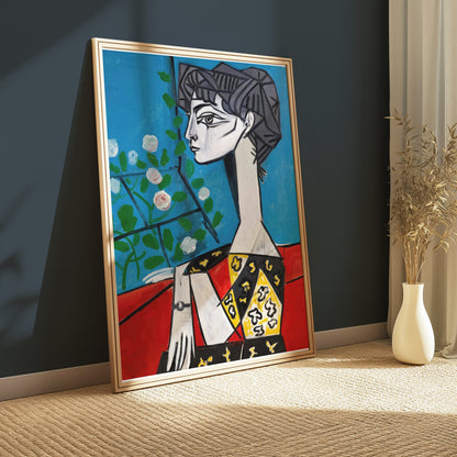Premium Poster of Abstract Cubist Woman Portrait with Flowers Posters