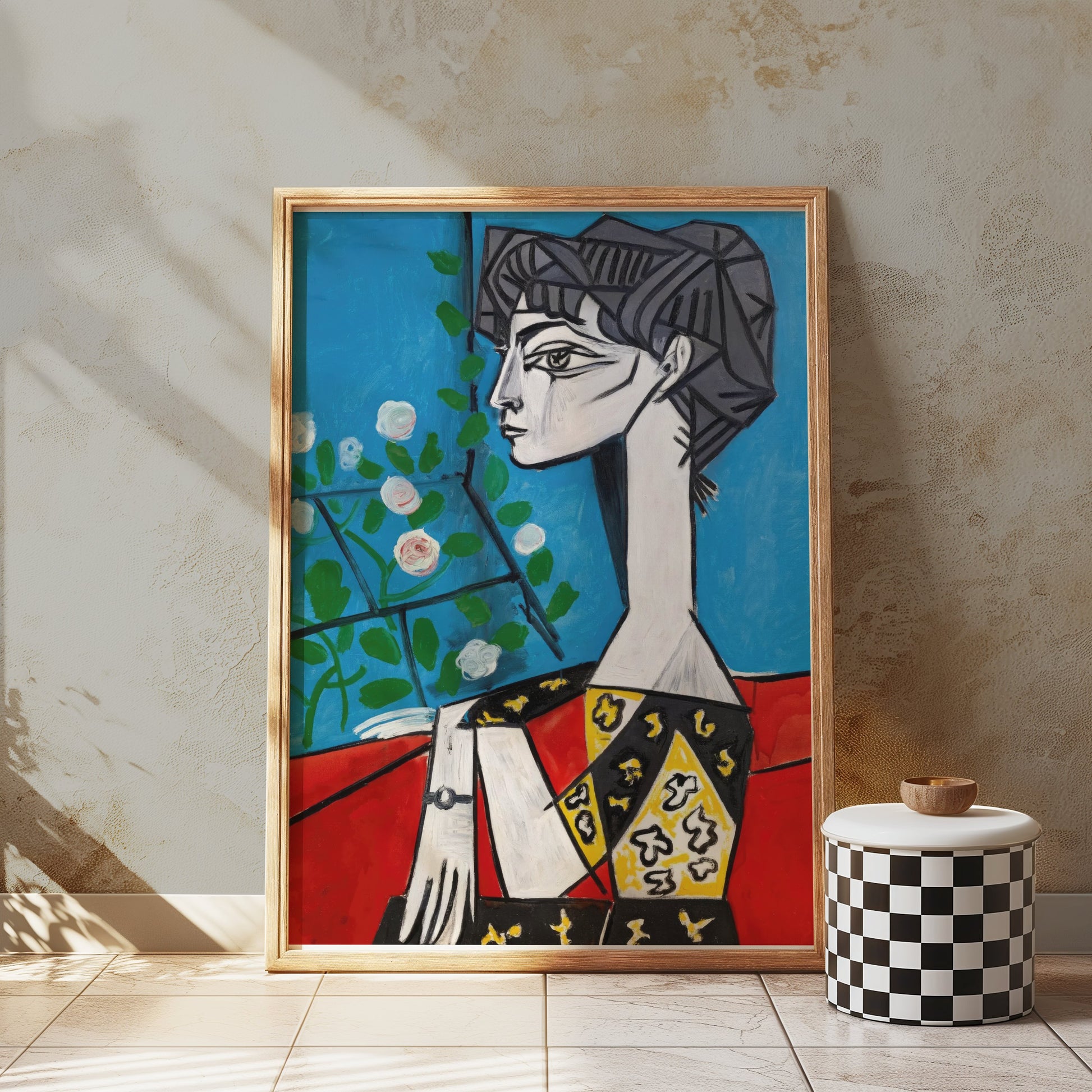 Premium Poster of Abstract Cubist Woman Portrait with Flowers Posters