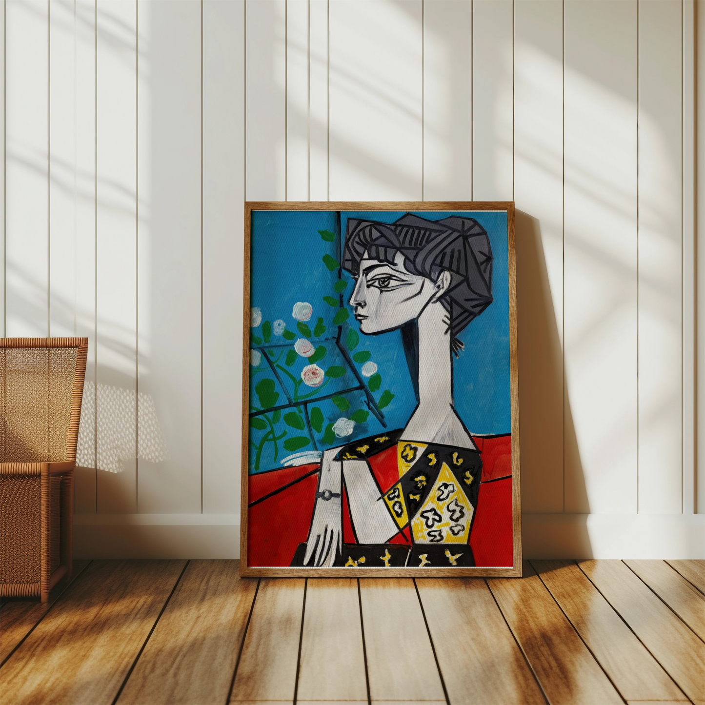 Premium Poster of Abstract Cubist Woman Portrait with Flowers Posters