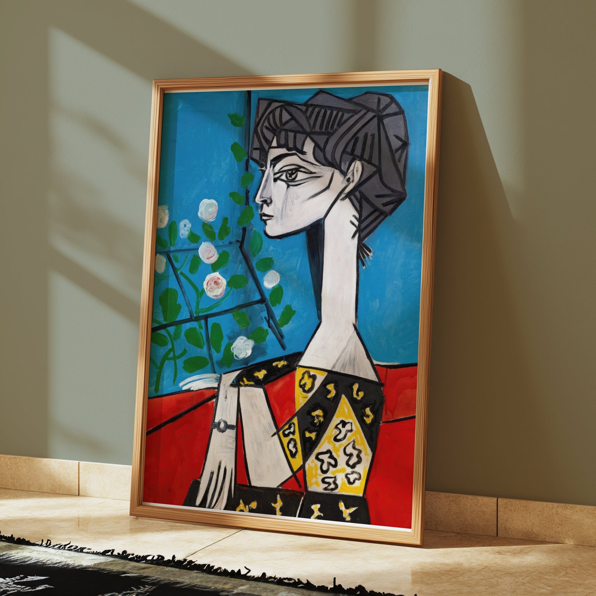 Premium Poster of Abstract Cubist Woman Portrait with Flowers Posters