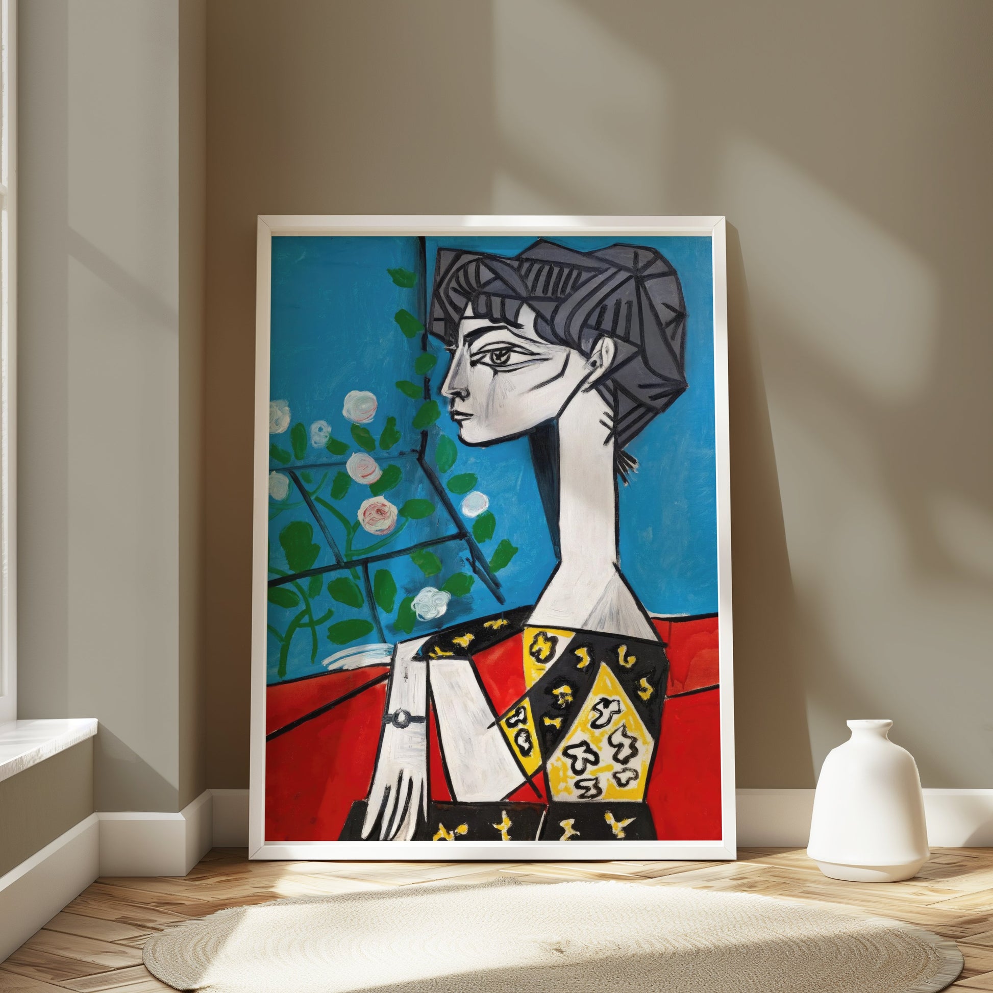 Premium Poster of Abstract Cubist Woman Portrait with Flowers Posters