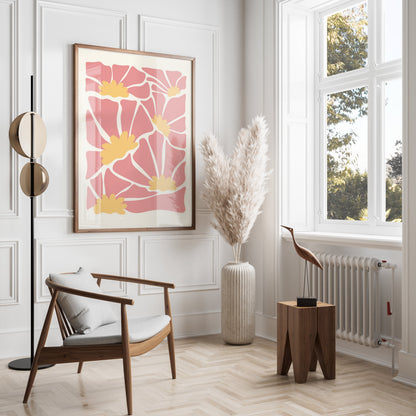 Premium Poster of Abstract Floral Pattern Pink and Yellow Wall Art Posters