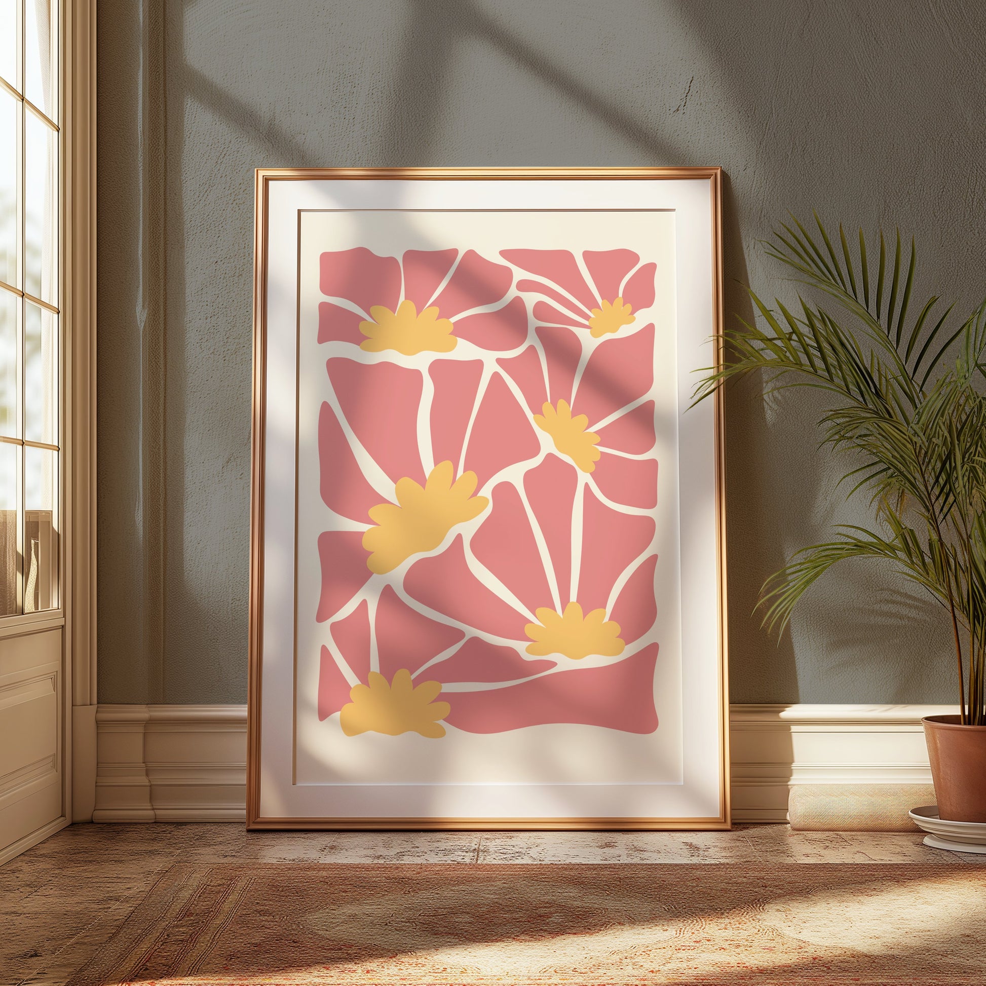 Premium Poster of Abstract Floral Pattern Pink and Yellow Wall Art Posters