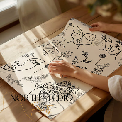 Premium Poster of Abstract Floral and Butterfly Line Art Design Posters