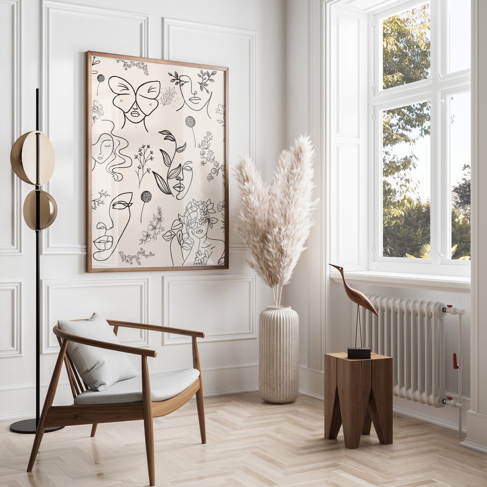 Premium Poster of Abstract Floral and Butterfly Line Art Design Posters