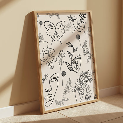 Premium Poster of Abstract Floral and Butterfly Line Art Design Posters