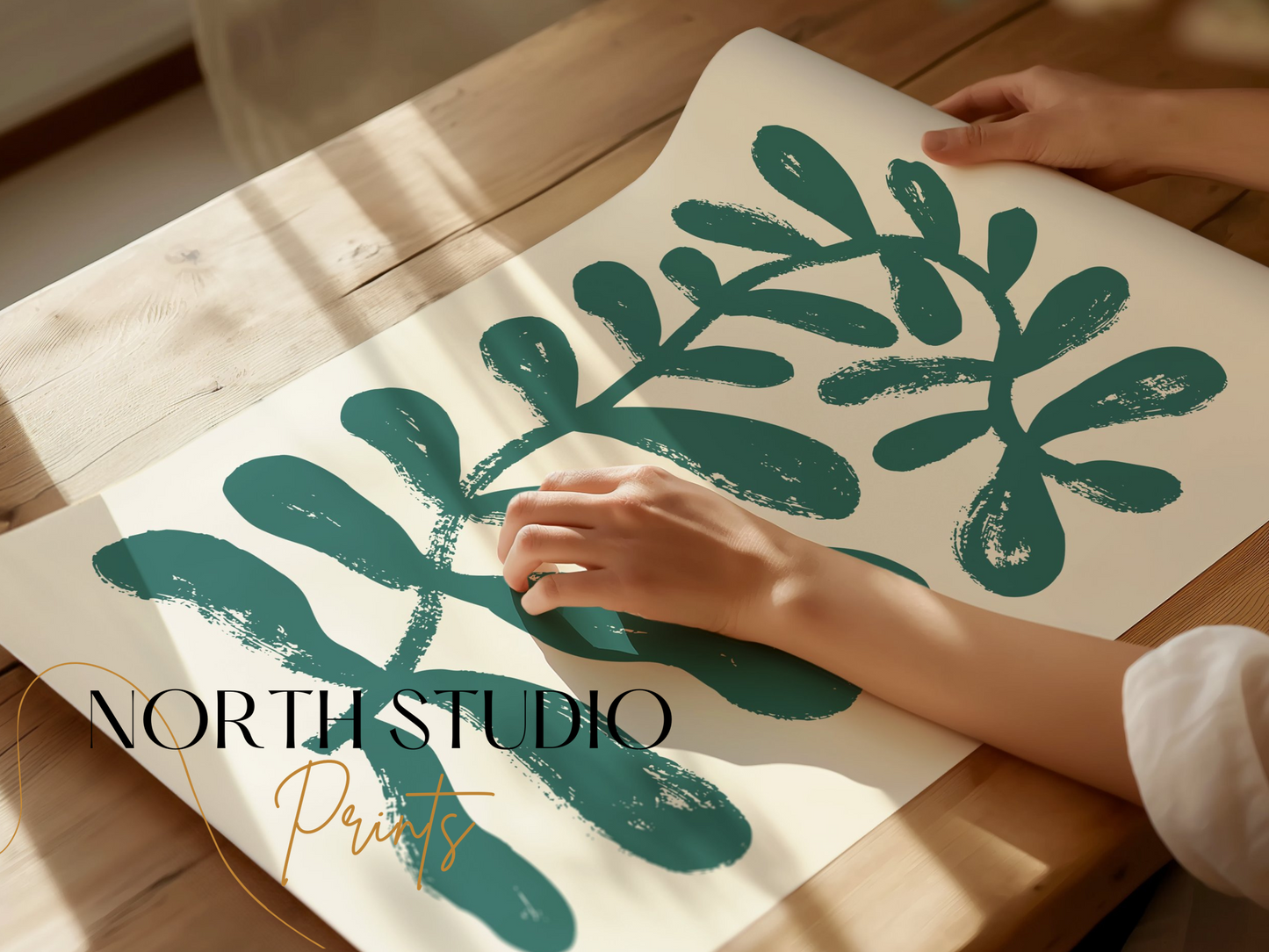 Premium Poster of Abstract Green Leaves on Beige Background Posters