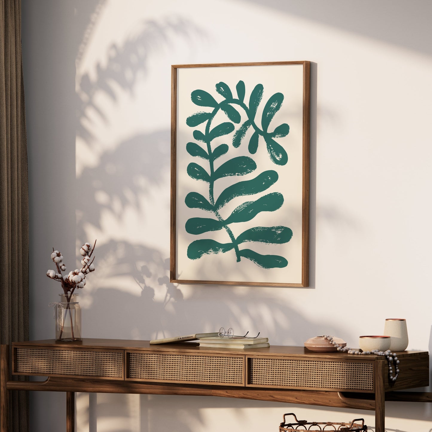 Premium Poster of Abstract Green Leaves on Beige Background Posters