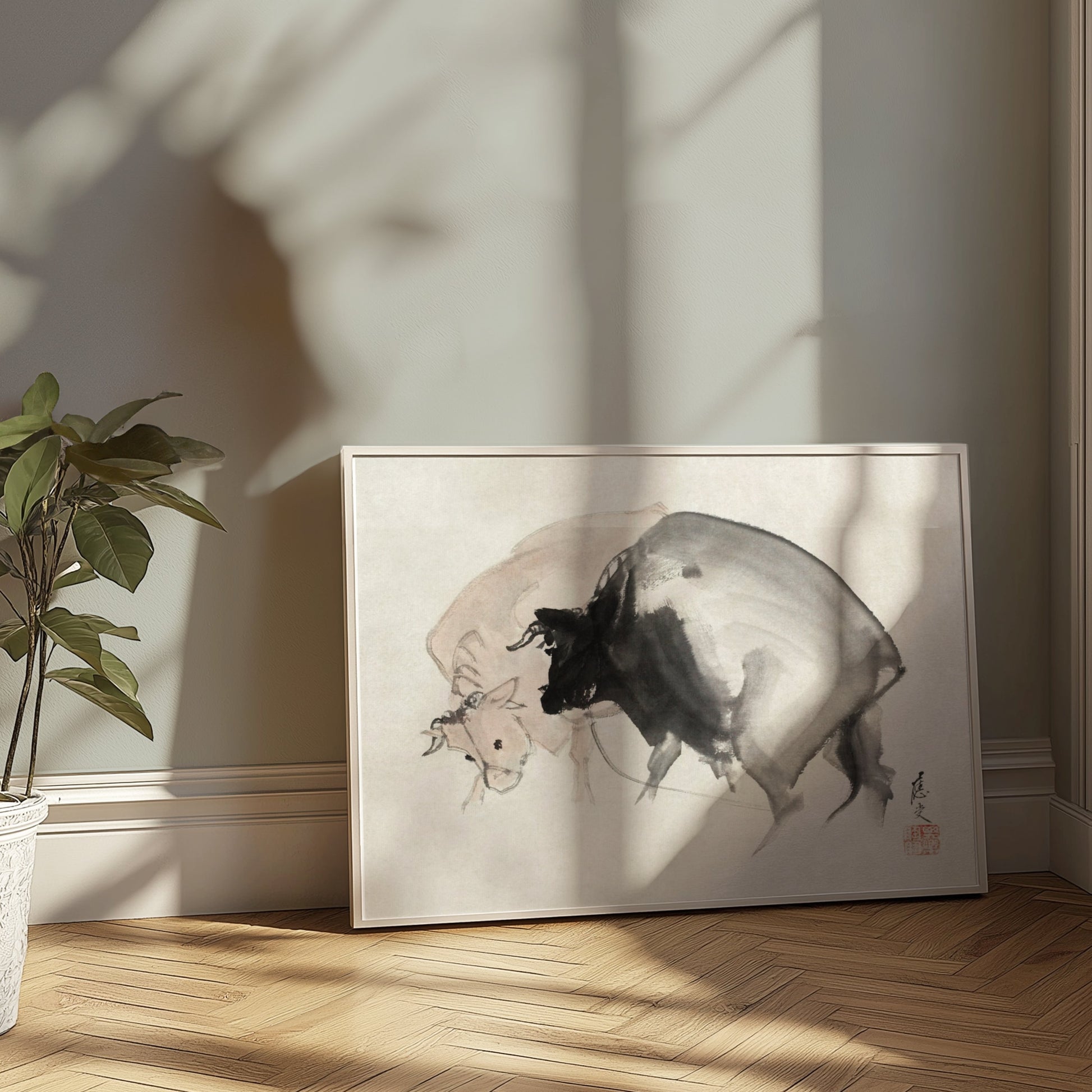 Premium Poster of Abstract Japanese Ink Art Two Bulls Posters