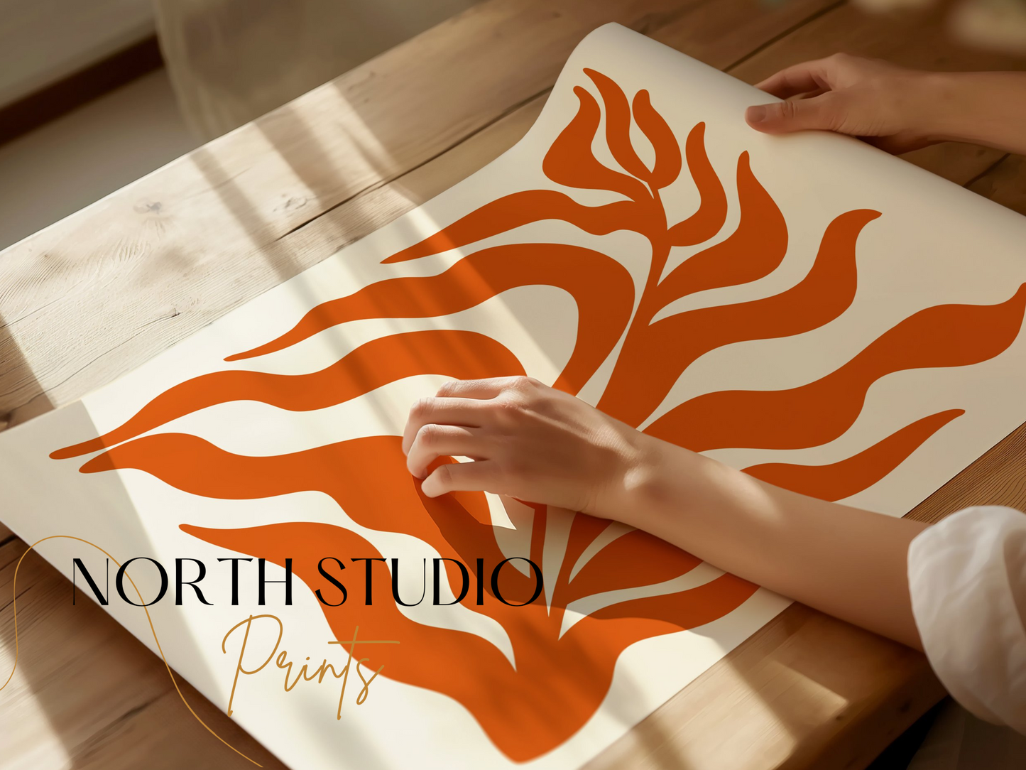 Premium Poster of Abstract Plant Art with Bold Orange Waves Posters