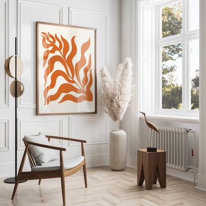 Premium Poster of Abstract Plant Art with Bold Orange Waves Posters