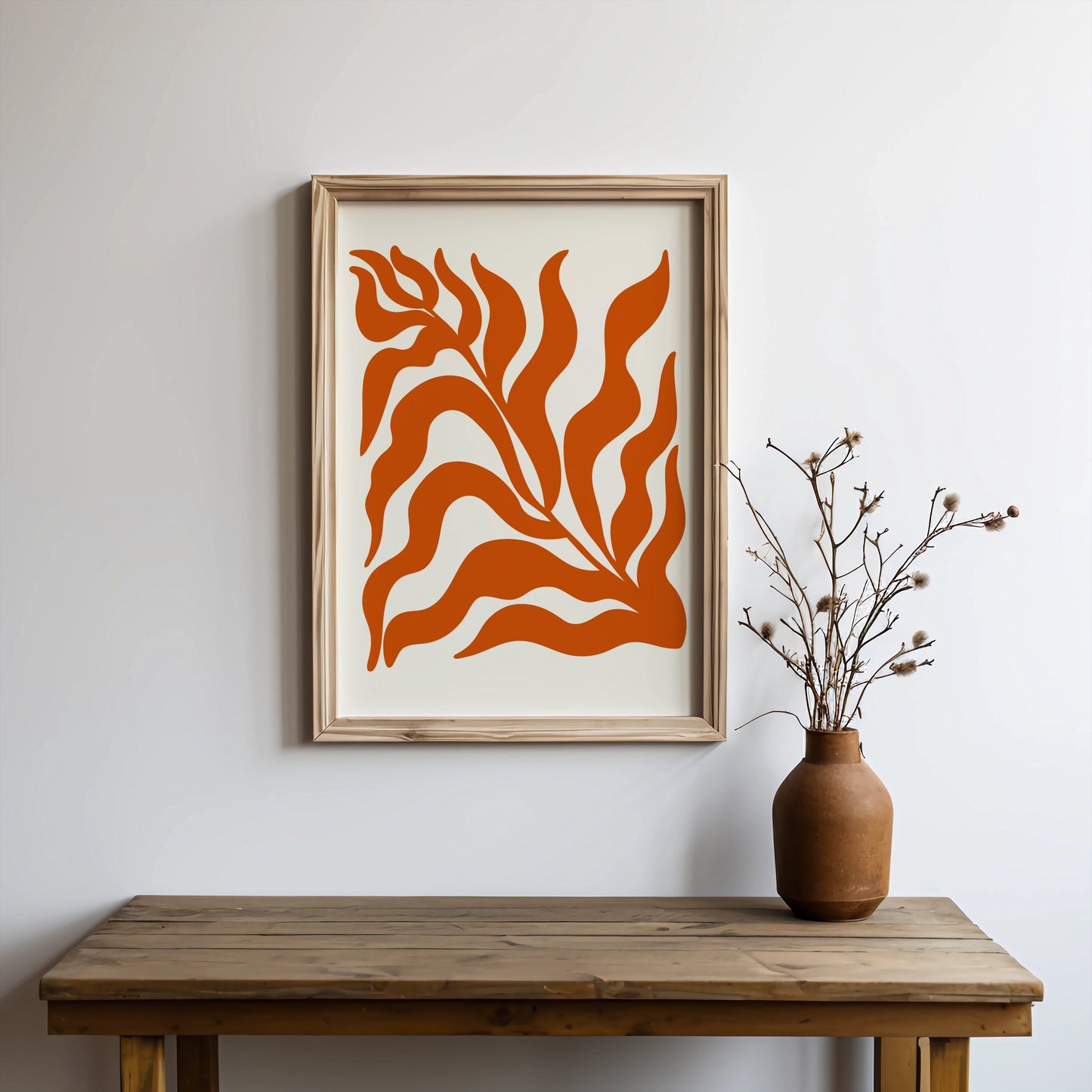 Premium Poster of Abstract Plant Art with Bold Orange Waves Posters
