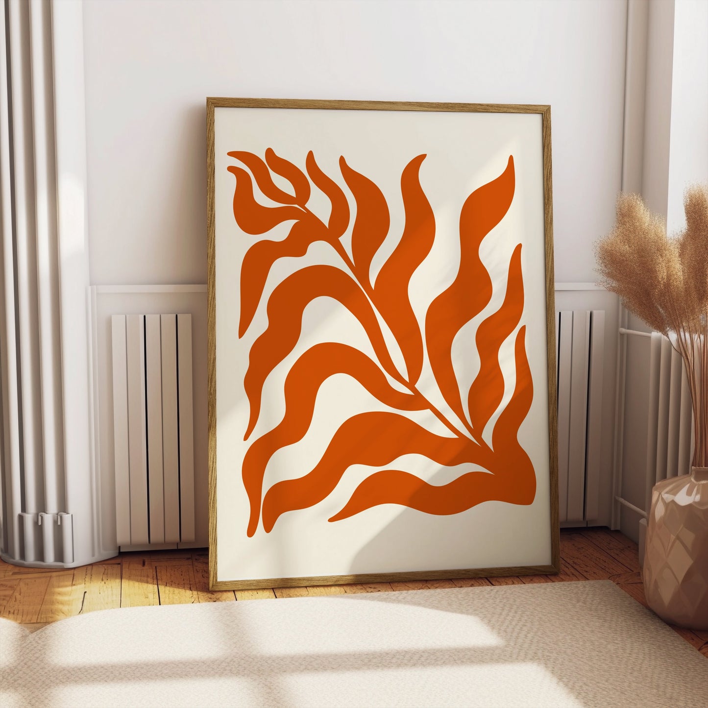 Premium Poster of Abstract Plant Art with Bold Orange Waves Posters