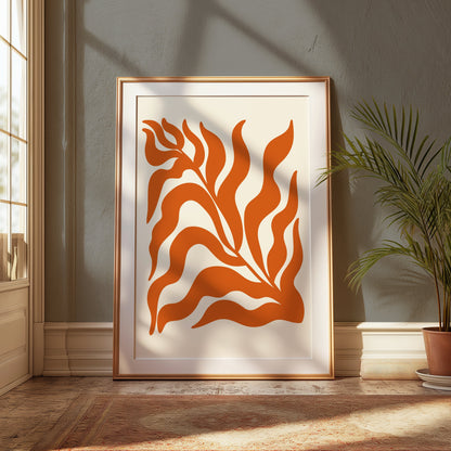 Premium Poster of Abstract Plant Art with Bold Orange Waves Posters