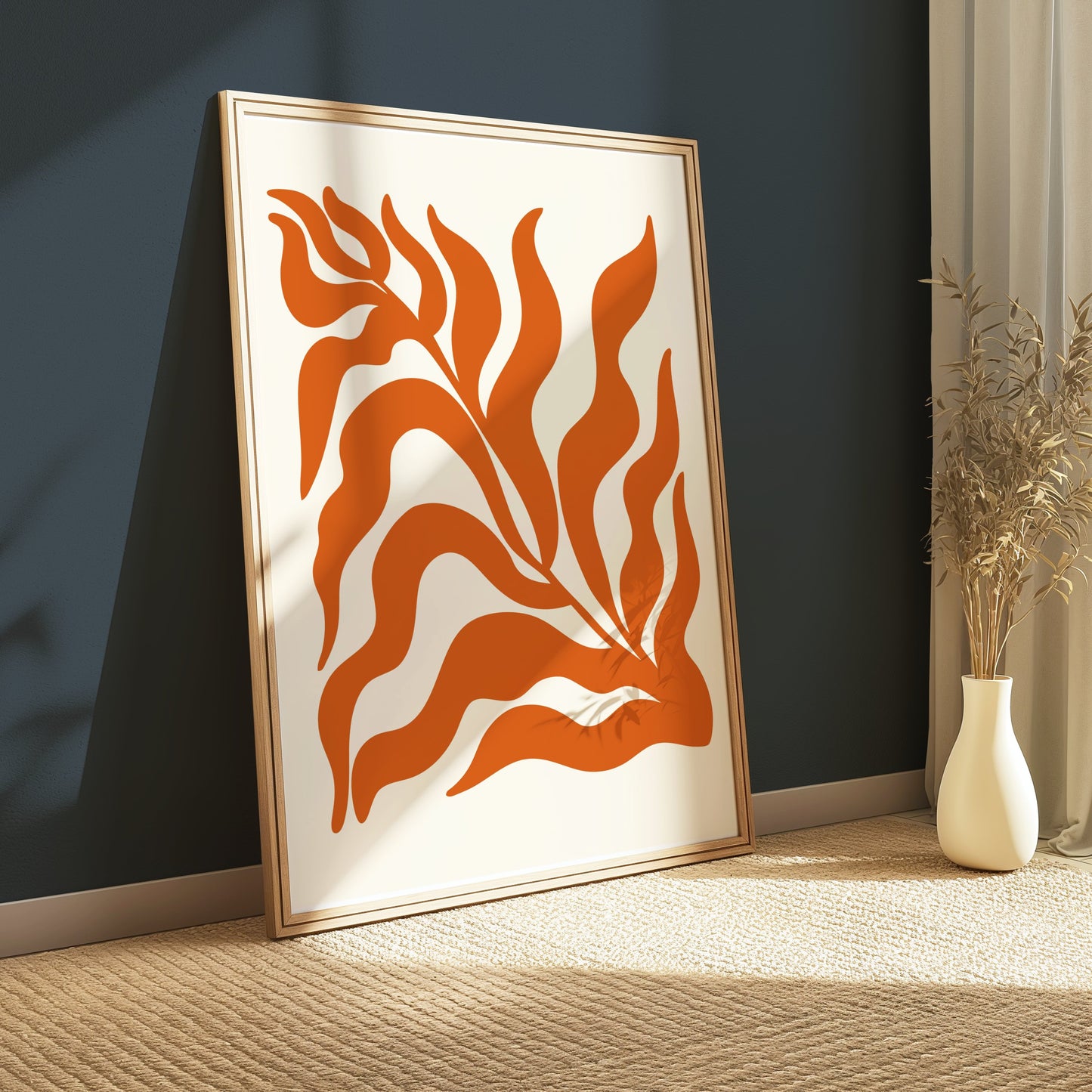 Premium Poster of Abstract Plant Art with Bold Orange Waves Posters
