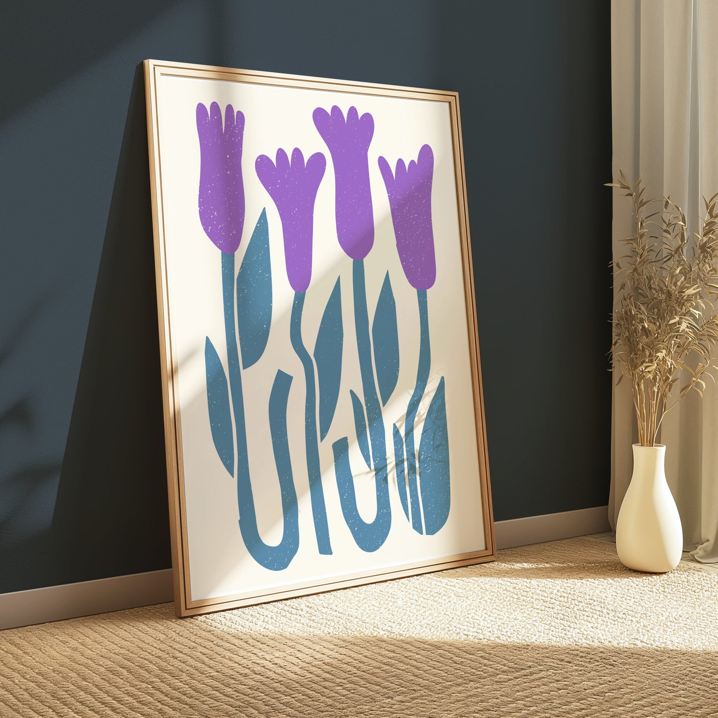 Premium Poster of Abstract Purple Flowers on Blue Stems Art Wall Posters