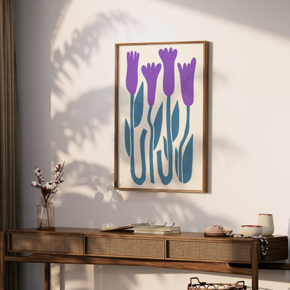 Premium Poster of Abstract Purple Flowers on Blue Stems Art Wall Posters