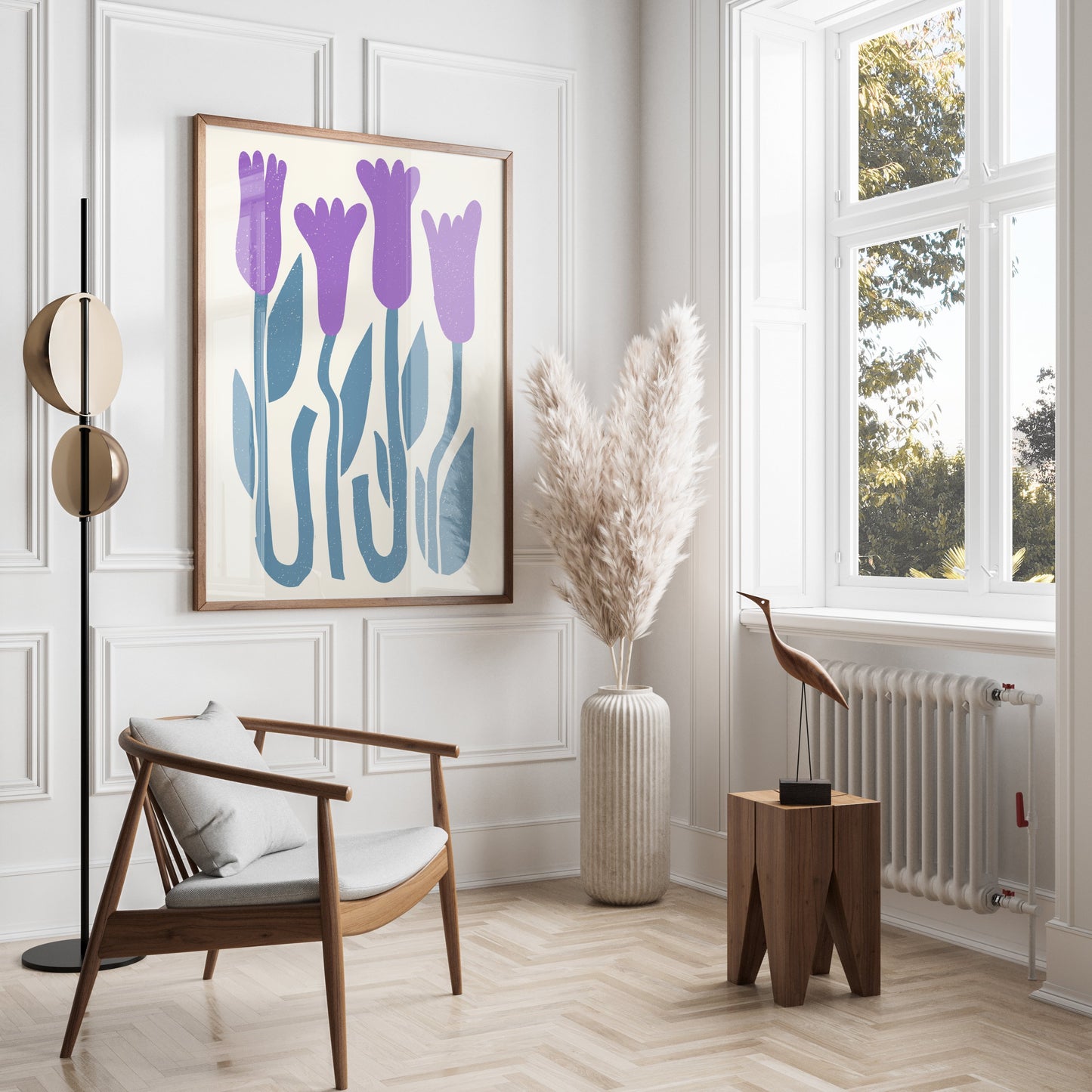Premium Poster of Abstract Purple Flowers on Blue Stems Art Wall Posters