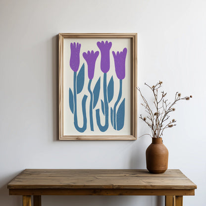 Premium Poster of Abstract Purple Flowers on Blue Stems Art Wall Posters