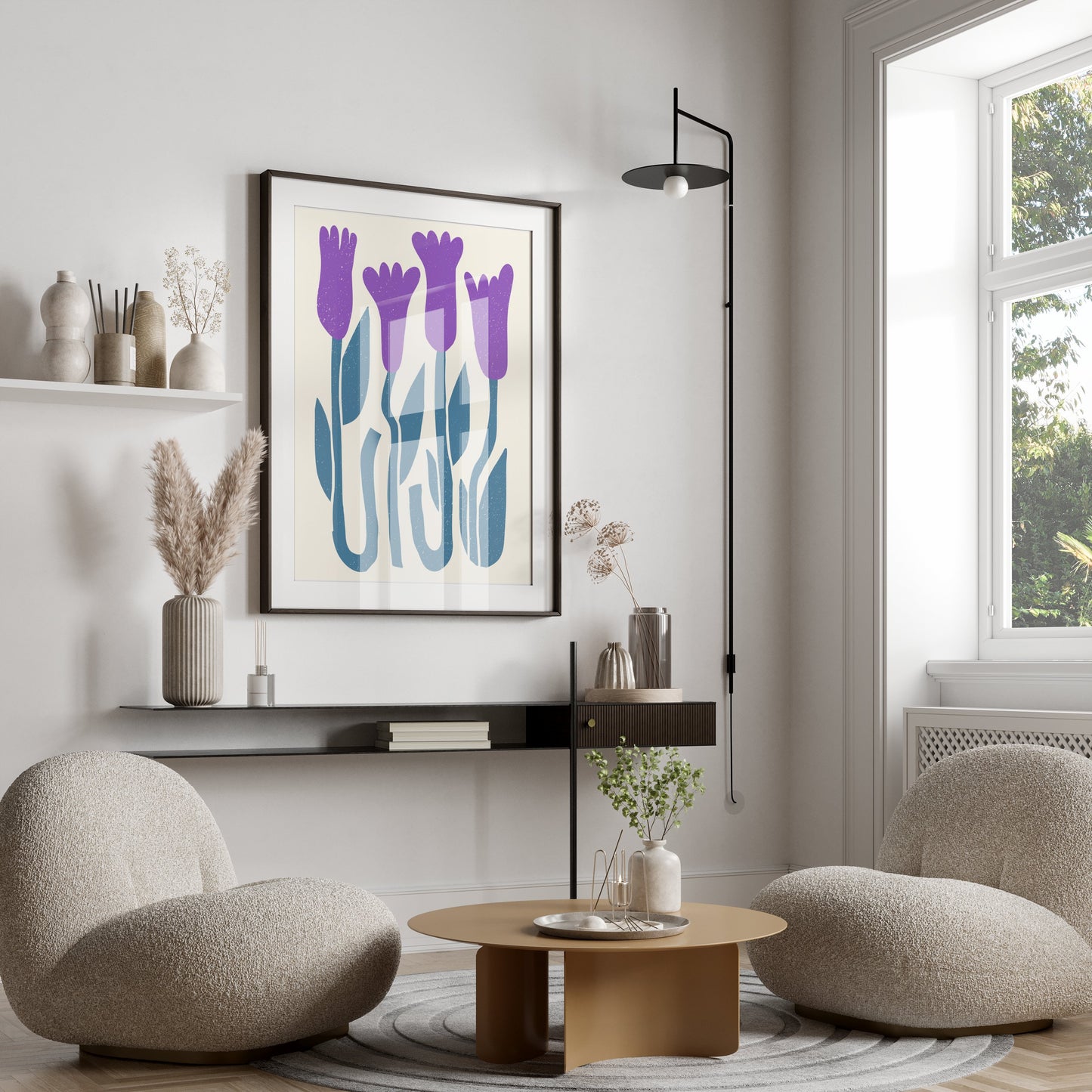 Premium Poster of Abstract Purple Flowers on Blue Stems Art Wall Posters