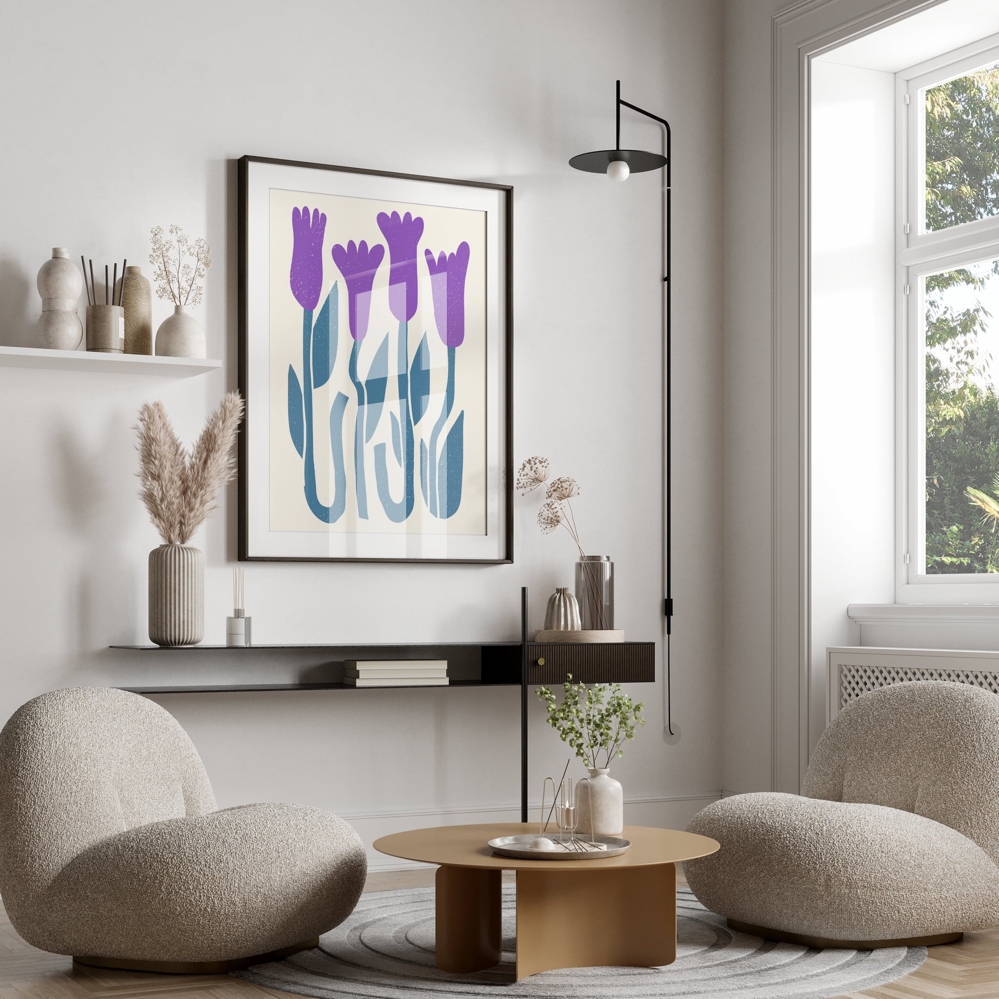 Premium Poster of Abstract Purple Flowers on Blue Stems Art Wall Posters