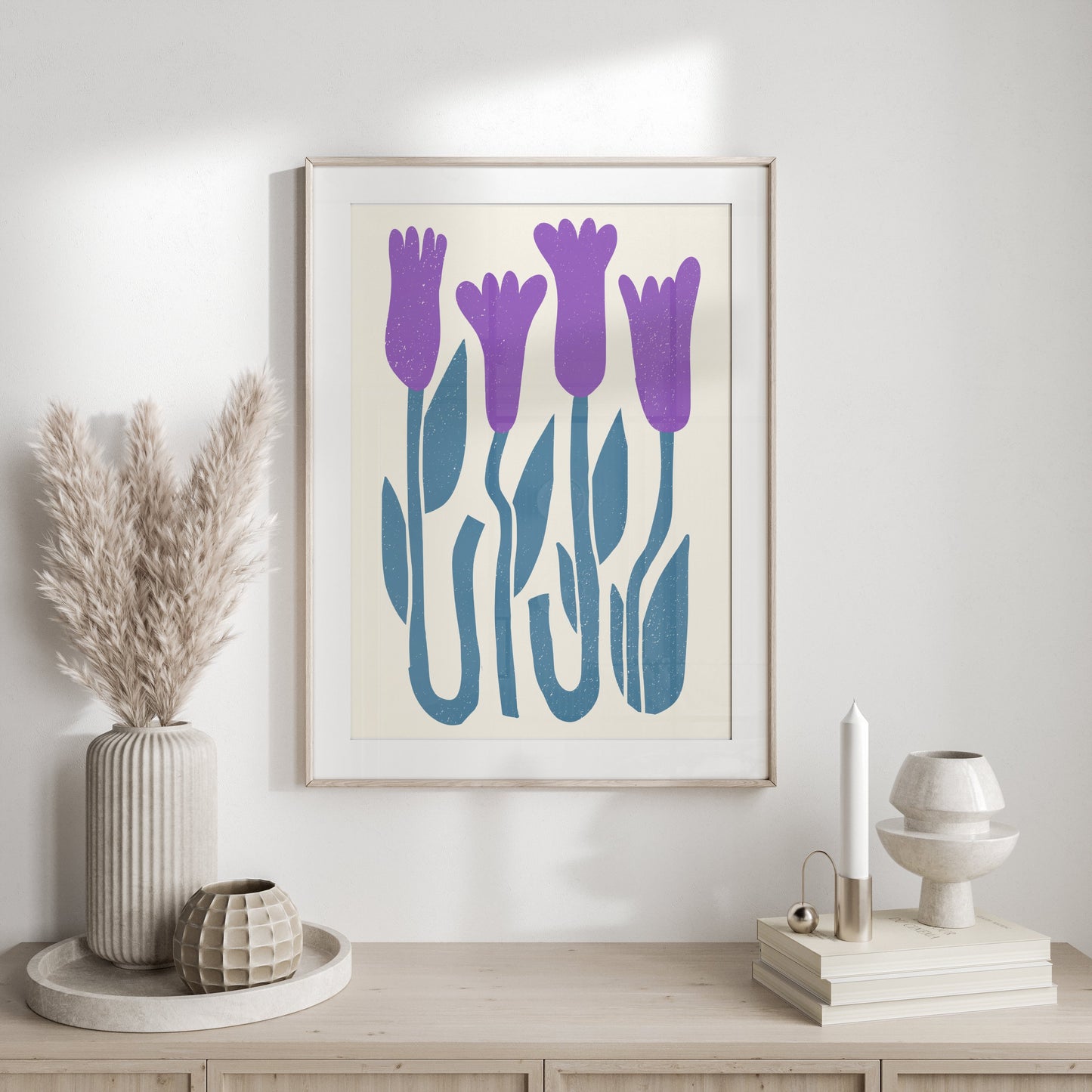 Premium Poster of Abstract Purple Flowers on Blue Stems Art Wall Posters