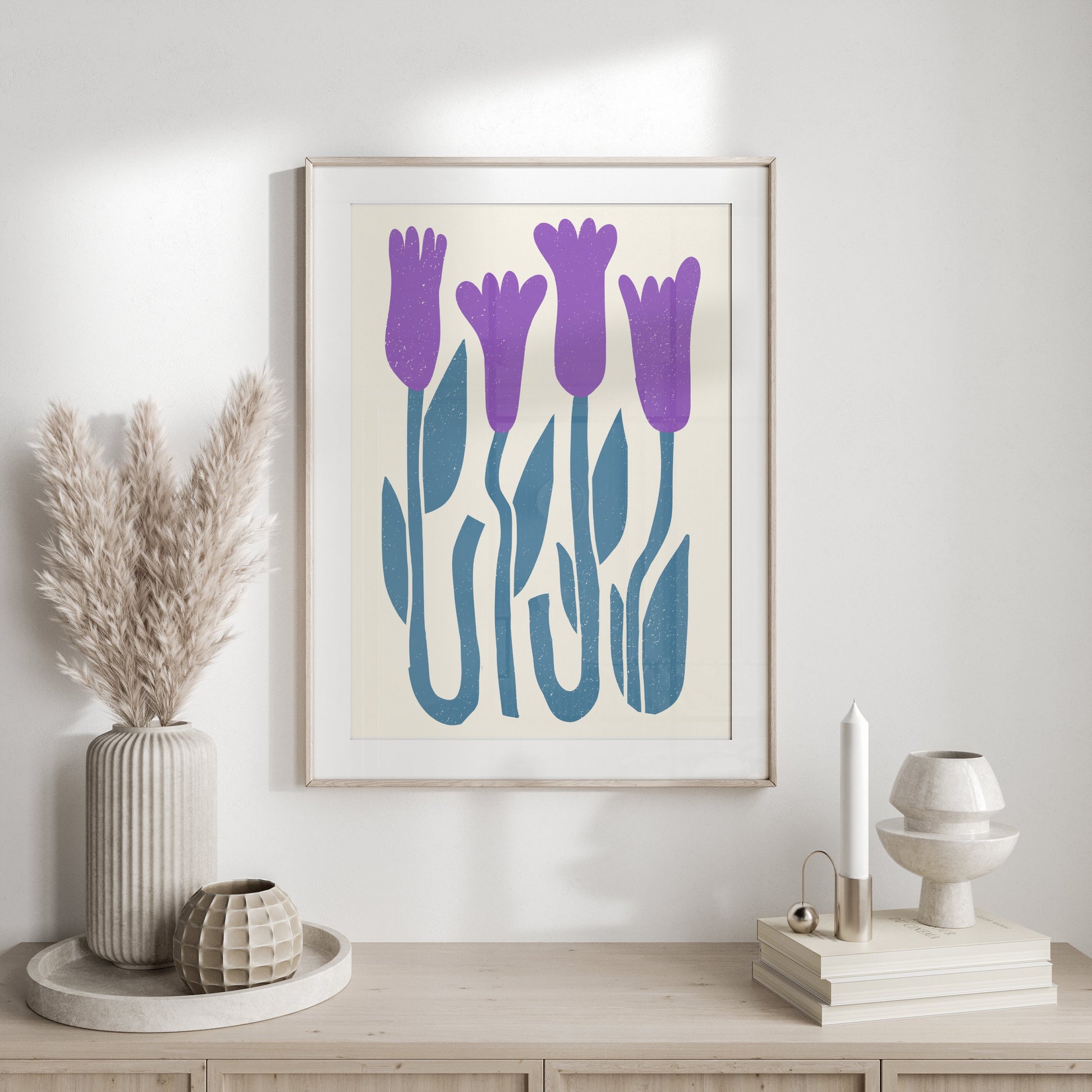 Premium Poster of Abstract Purple Flowers on Blue Stems Art Wall Posters