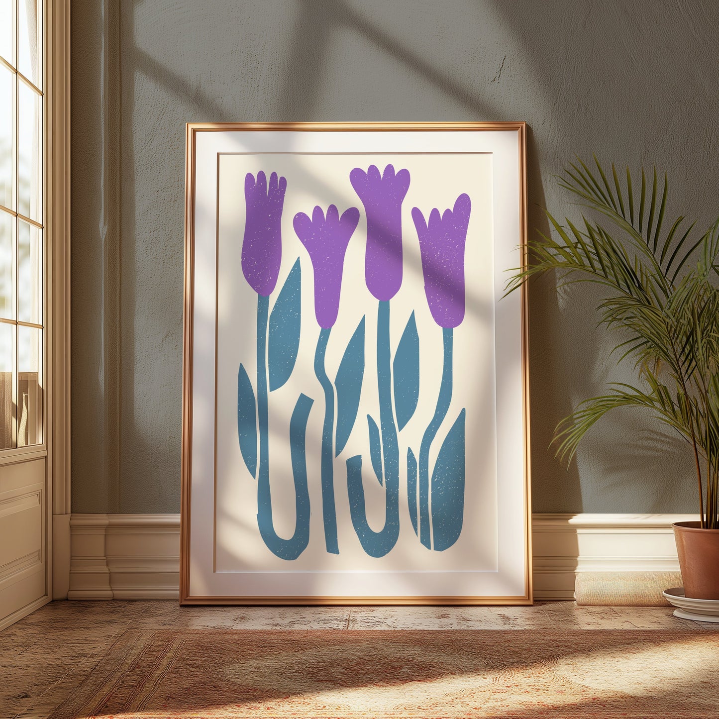 Premium Poster of Abstract Purple Flowers on Blue Stems Art Wall Posters
