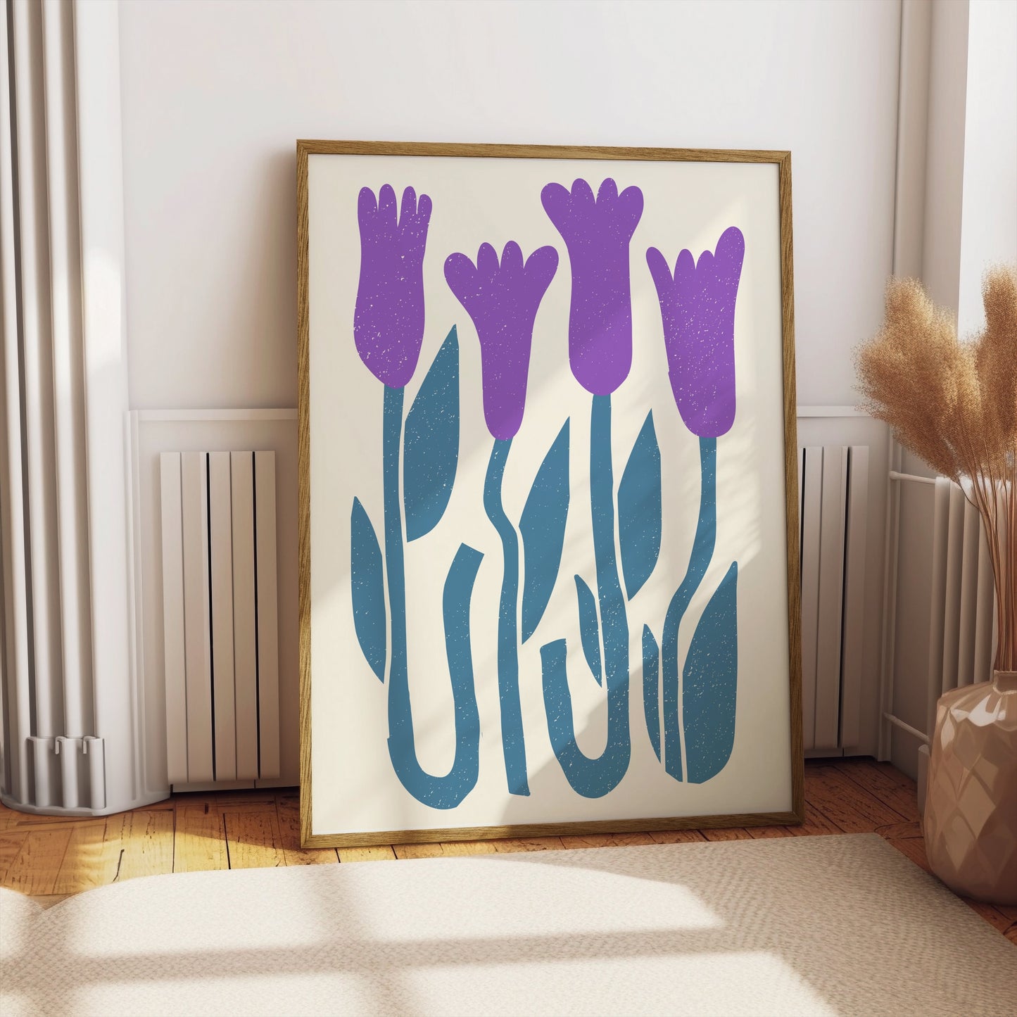 Premium Poster of Abstract Purple Flowers on Blue Stems Art Wall Posters
